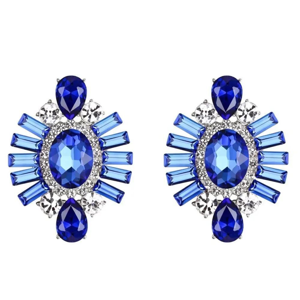 Silver with Sapphire Blue and White Diamond CZ Floral Art Deco Post Earrings